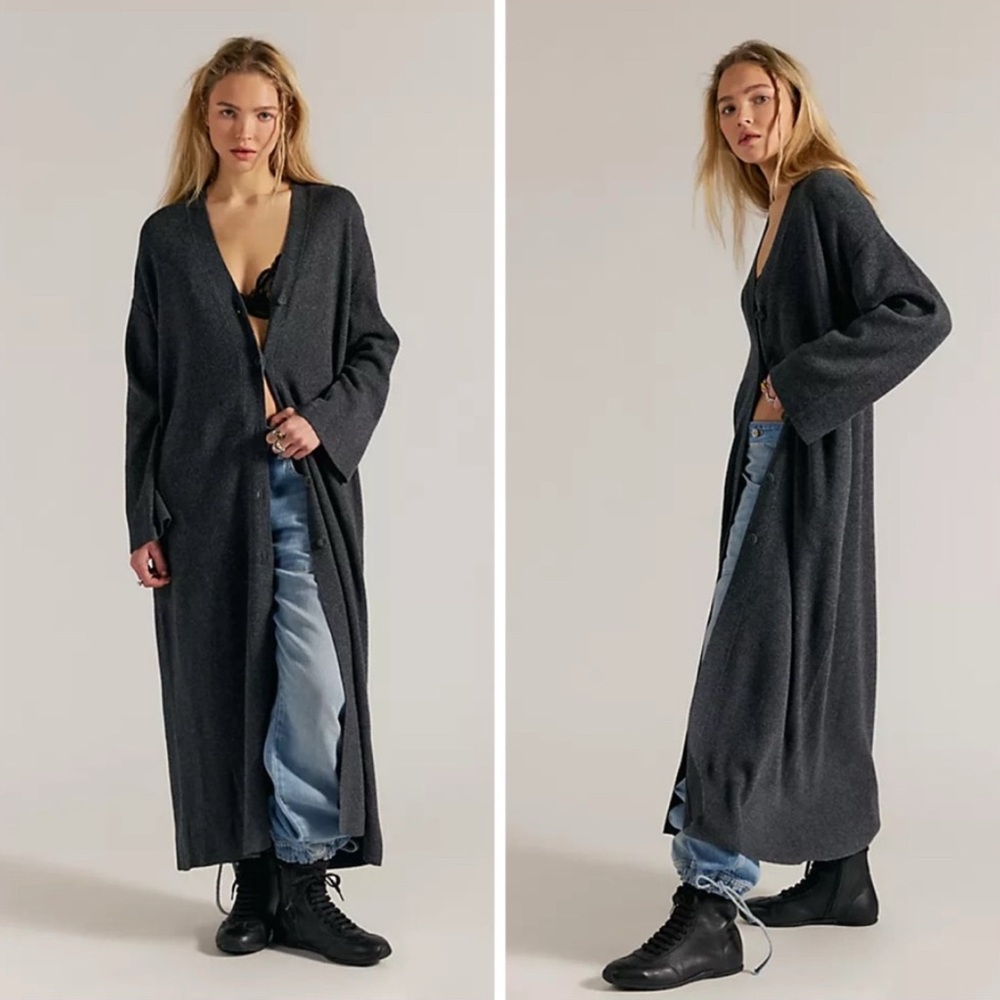 Free People We The Free Side Note Maxi Cardi Wool Blend Long Length Large Gray